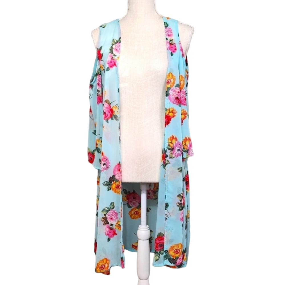 ✨️ Peace Love Cali Aqua Cold Shoulder Vest Open Front Kimono Sheer Cardigan